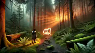 El resplandeciente Oso Espiritual camina por un sendero del bosque al anochecer, observado por un joven que queda maravillado.