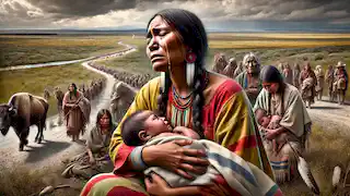 Mujeres cherokee llorando y abrazando a sus hijos a lo largo del Sendero de las Lágrimas.