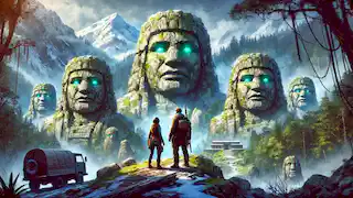 Rafael e Isabel se encuentran frente a imponentes estatuas de piedra con ojos esmeralda brillantes en los Andes.