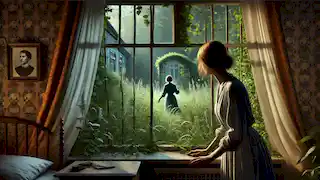 A mulher observa através da janela gradeada uma figura misteriosa que se move furtivamente no jardim abaixo.
