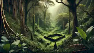 Una escena misteriosa de la jungla hawaiana con un muro de piedra parcialmente oculto, construido por los Menehune, envuelto en un denso y mágico follaje.