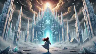 La niña se acerca al palacio del Viento del Norte, construido con imponentes cristales de hielo bajo un cielo frío y oscuro.