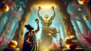 Heracles sostiene el cielo mientras Atlas presenta las manzanas doradas en un jardín exuberante y místico.