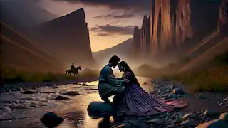 Leyla y Majid se encuentran en secreto junto al río al anochecer, compartiendo un abrazo bajo la sombra de los imponentes acantilados.