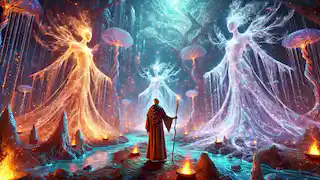 Eliar se encuentra ante los brillantes Tejedores de Telarañas, quienes tejen hilos cósmicos en un vibrante bosque cristalino de Kokultermyn.