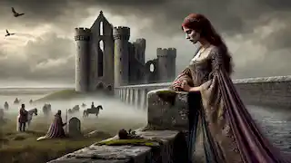 Aoife, vestida con lujosos ropajes medievales, mira con tristeza un campo de batalla al lado de una fortaleza de piedra.
