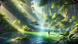 Un valle tranquilo con aguas cristalinas y vegetación exuberante seduce a Li, la carpa, a descansar y abandonar su búsqueda.