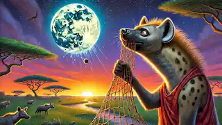Mwizi libera la luna de su red, mientras la sabana se ilumina a medida que la oscuridad se disipa.