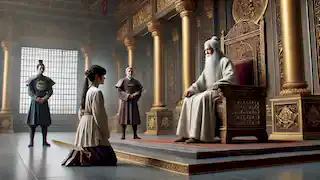 Mulán se arrodilla ante el Emperador en su majestuosa sala del trono, lista para aceptar su destino tras haber revelado su identidad.
