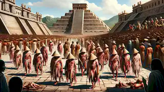 Sacerdotes vestidos con pieles desolladas caminan por una plaza de Tenochtitlan durante el festival de Tlacaxipehualiztli.