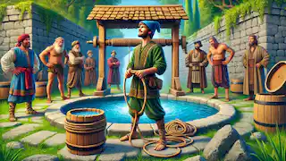 El muchacho del asno saca agua del profundo pozo en el palacio del rey, bajo la atenta mirada de hombres asombrados.
