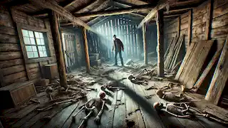 Kitchi se tient à l'intérieur d'une cabane abandonnée, figé par la peur, tandis que des ossements humains jonchent le sol.