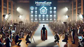 Alex se dirige a una gran audiencia en una conferencia de prensa, presentando con emoción y anticipación el sistema HomeEase.