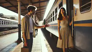 Una pareja subiendo a un tren desgastado en una estación rural, mientras el hombre extiende la mano hacia la mujer que se encuentra cerca de la puerta.