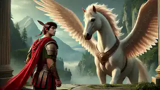 Bellerophon, vêtu de son armure grecque, se tient devant Pégase, le majestueux cheval ailé, dans les paisibles montagnes de l'Hélicon.