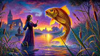 Leila de pie junto al río al anochecer, llamando a los peces mágicos que saltan del agua iluminados por una luz dorada.