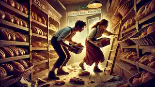 Dentro de la panadería, la pareja apresuradamente toma panes y pasteles en un interior tenuemente iluminado.