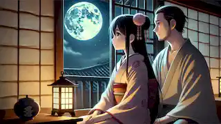 Kaguya-hime mira la luna, llena de tristeza, mientras su padre intenta consolarla suavemente en su habitación tenuemente iluminada.