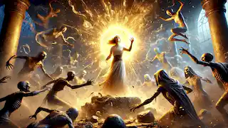 Eleanor quebra o pêndulo amaldiçoado, liberando uma luz radiante que dissipa os espíritos sombrios, enquanto a Banshee é libertada.