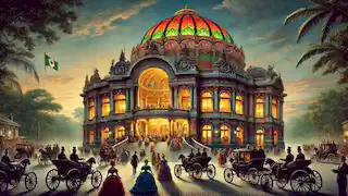 La Casa de Ópera de Manaus, finalizada en la apogeo del boom del caucho, con ciudadanos adinerados llegando en carruajes.