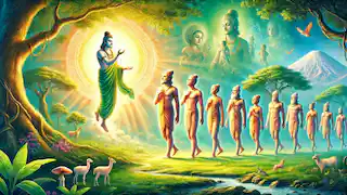 Brahma insuflando vida a los primeros humanos, que se encuentran rodeados de naturaleza, ríos y animales.