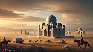 El mausoleo de Bakhtiyar Khan, con su arquitectura en forma de cúpula, está rodeado de flores y se asoma a la serena estepa kazaja al amanecer.