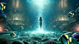 Adisa se encuentra bajo el agua en el reino de Mami Wata, rodeada de peces brillantes y de una etérea ciudad submarina.