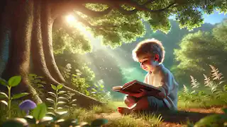 Un niño está sentado bajo un árbol, inmerso en la lectura de un libro, rodeado de la naturaleza.
