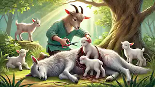 La madre cabra abre el vientre del lobo, liberando a sus cabritillos en un prado tranquilo.