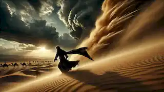 Dariush luta contra uma enorme tempestade de areia, protegendo o rosto enquanto o vento arremessa areia ao seu redor.