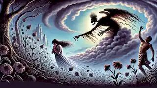 Tezcatlipoca, el dios de la oscuridad, captura a Xochiquetzal en una escena oscura y sombría, mientras las flores a su alrededor se marchitan.