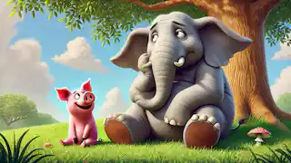 Gerald parece impaciente, golpeando el suelo con su pie, mientras Piggie sonríe tranquilamente bajo un árbol en un día soleado.