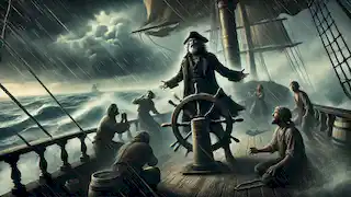El capitán van der Decken agarra el timón del barco mientras la tripulación le suplica en medio de una tormenta que se aproxima.