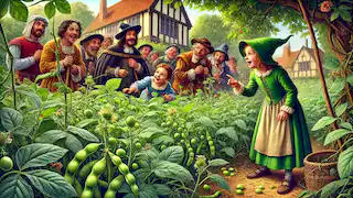 As crianças verdes reconhecem com entusiasmo as favas no jardim, enquanto Sir Richard e os moradores da aldeia observam, surpresos.