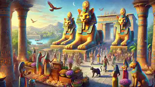 El gran templo de Bastet en Bubastis durante un festival, con los fieles ofreciendo ofrendas y celebrando.
