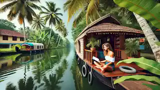 Kim en una casa flotante en los remansos de Kerala, rodeada de exuberante vegetación y palmeras de coco.