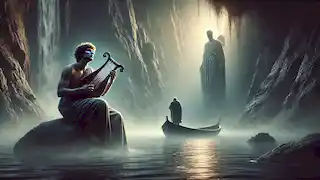 Orfeo tocando la lira junto al brumoso Río Estigia, mientras Caronte lo escucha.