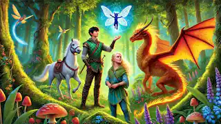 Elara con sus compañeros: una duende, un centauro y un dragón.