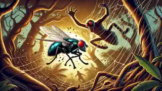 La mosca se libera de la telaraña de Anansi mientras él observa frustrado en un bosque azotado por el viento.
