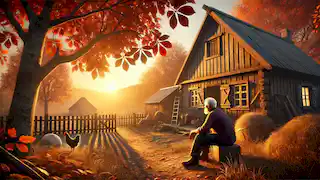 El anciano Jacob se sienta en su porche al atardecer, reflexionando sobre la vida, rodeado de hojas otoñales y animales de granja.