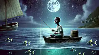 Kai en una pequeña barca de pesca por la noche, mirando el océano a la luz de la luna, con peces voladores en el fondo.
