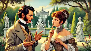 La señora L'Espanaye le explica un misterio a Dupin en el Jardín de las Tullerías.