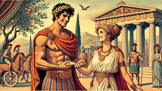 Pelops e Hipodamia celebrando su victoria después de la carrera, de pie juntos en un entorno de la antigua Grecia.