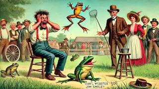 La rana de Jim Smiley, llamada Dan’l Webster, no logra saltar mientras la rana del extraño salta alto en el aire, con una multitud observando.