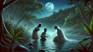 La Llorona en la orilla del río con sus hijos, momentos antes del trágico suceso, bajo un cielo iluminado por la luna.