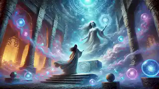 Em um reino místico, a Banshee faz um gesto em direção a um pendente brilhante, enquanto Eleanor permanece fascinada entre a neblina e as luzes que giram ao seu redor.