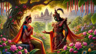 Sita está sentada en Ashoka Vatika debajo de un gran árbol, mientras Ravana se encuentra ante ella con su armadura de demonio.
