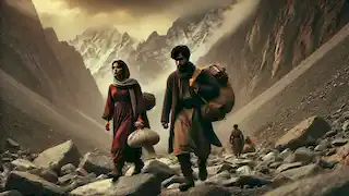 Aiman y Kairat están haciendo senderismo por las escarpadas montañas del Tian Shan, rodeados de picos nevados y caminos rocosos.