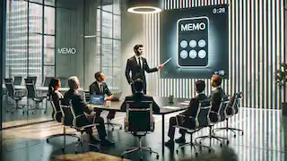 Alex presenta el producto Memo a un grupo de inversionistas en una oficina moderna, con grandes ventanales y una pantalla de proyector.