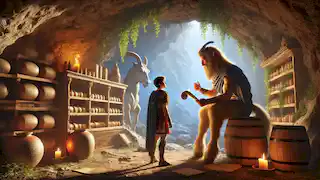 Chiron unterrichtet einen jungen Helden in seinem schützenden Höhlenrefugium, umgeben von Schriftrollen, Kräutern und sanften Sonnenstrahlen, die hereinfallen.